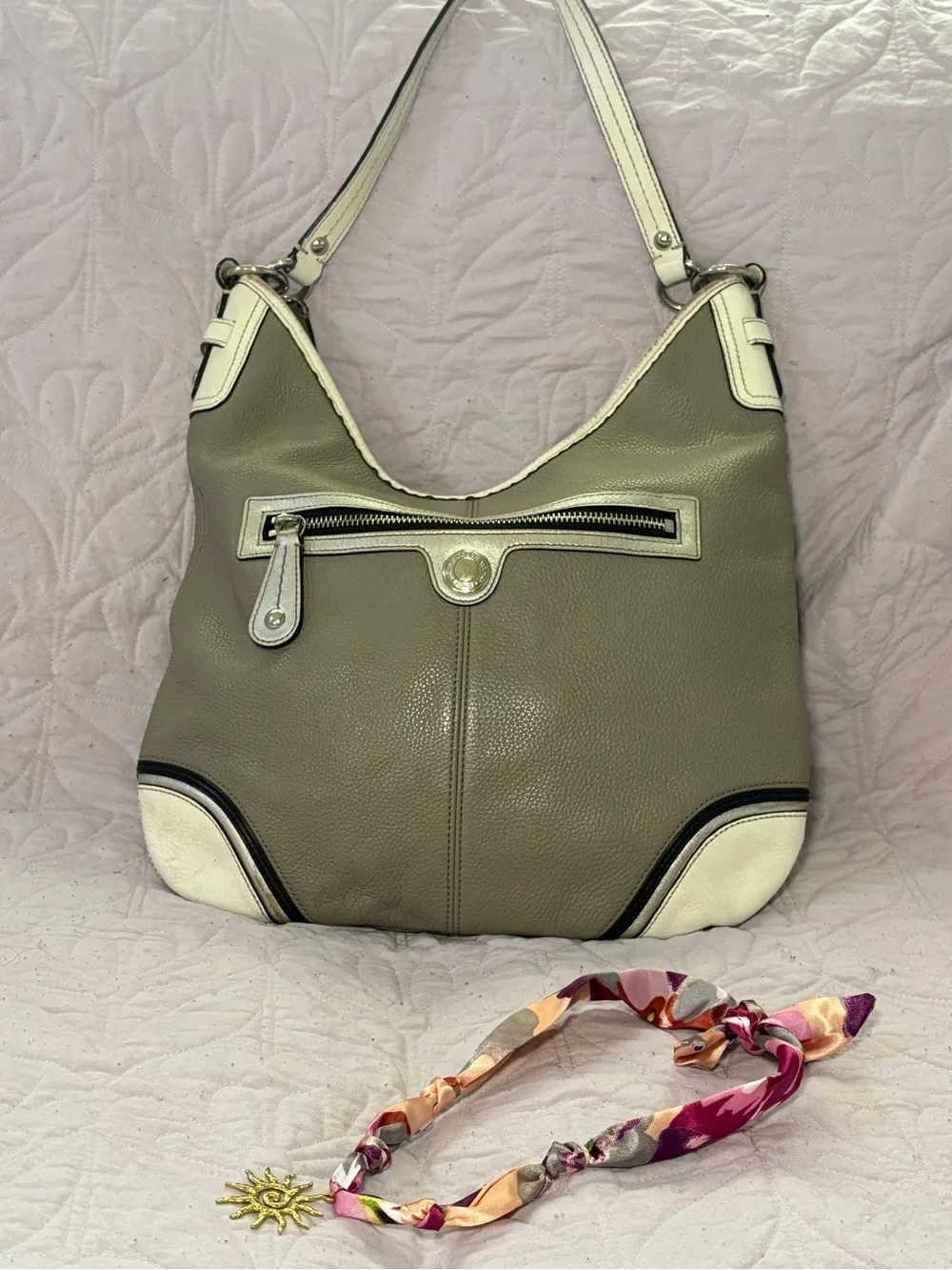 Neutral Taupe Leather Hobo Bag with White Trim - Classic Women's Shoulder Bag